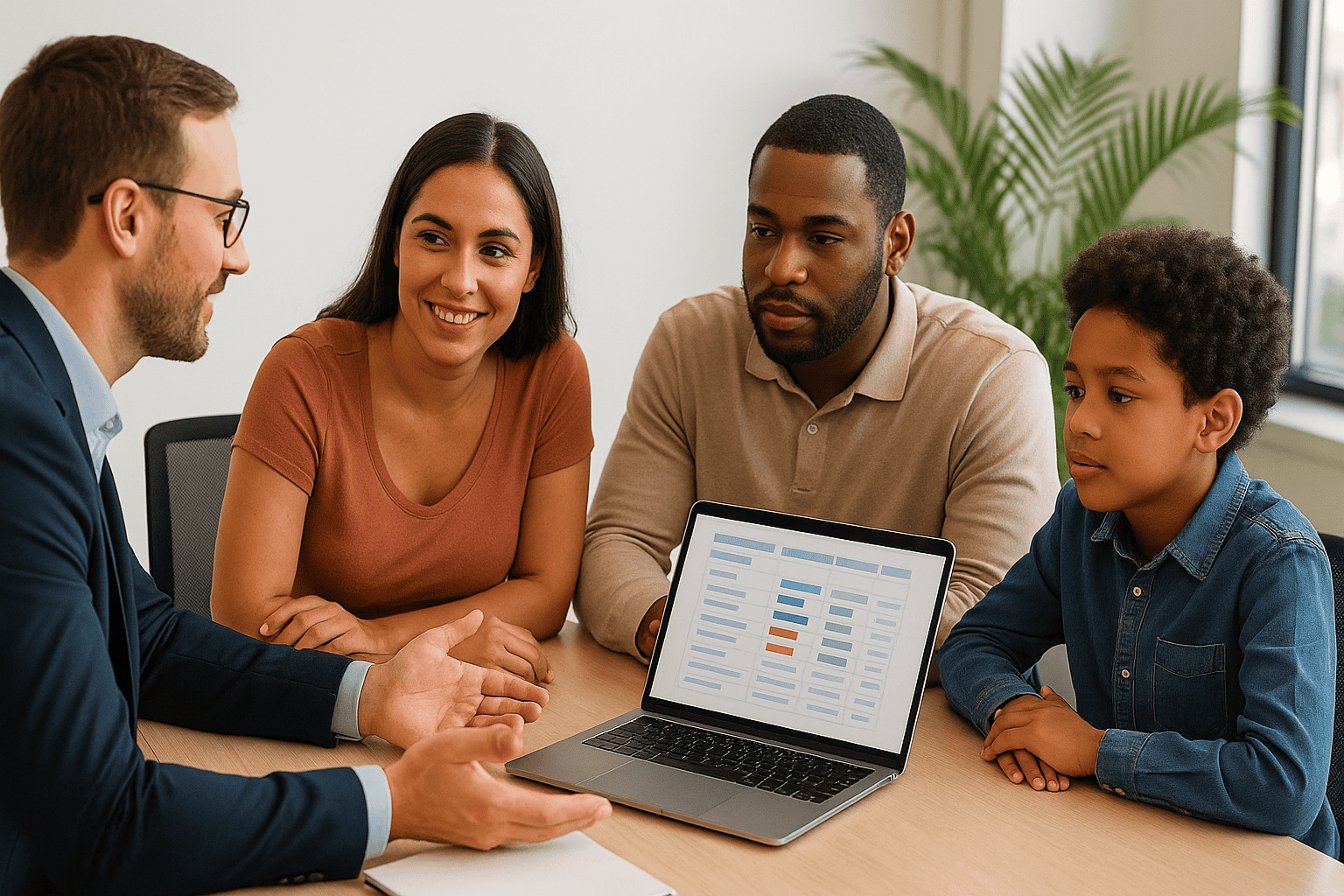 Licensed insurance agent meeting with Florida family to discuss health insurance carrier options including Florida Blue and alternatives (NO company logos or branded materials)