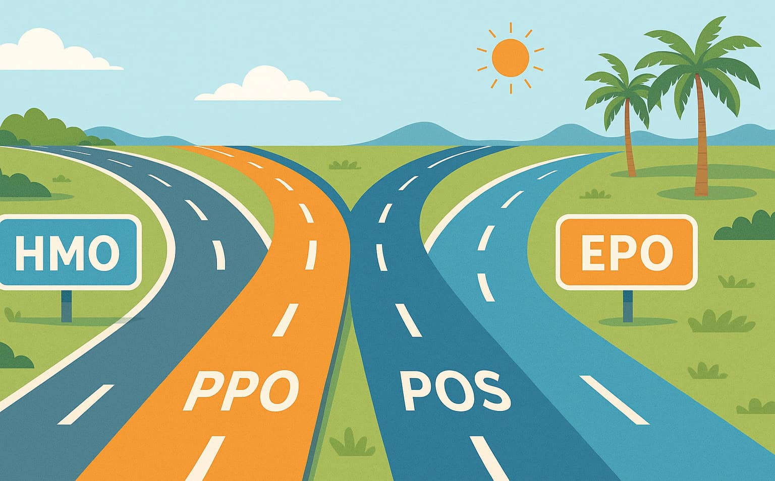 Different health insurance plan types - HMO, PPO, EPO, and POS pathways in Florida
