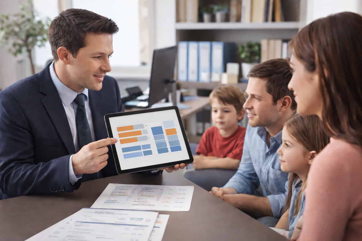 Licensed agent helping Illinois family of four review affordable family health insurance options showing household subsidy calculations and coverage for all family members in welcoming consultation