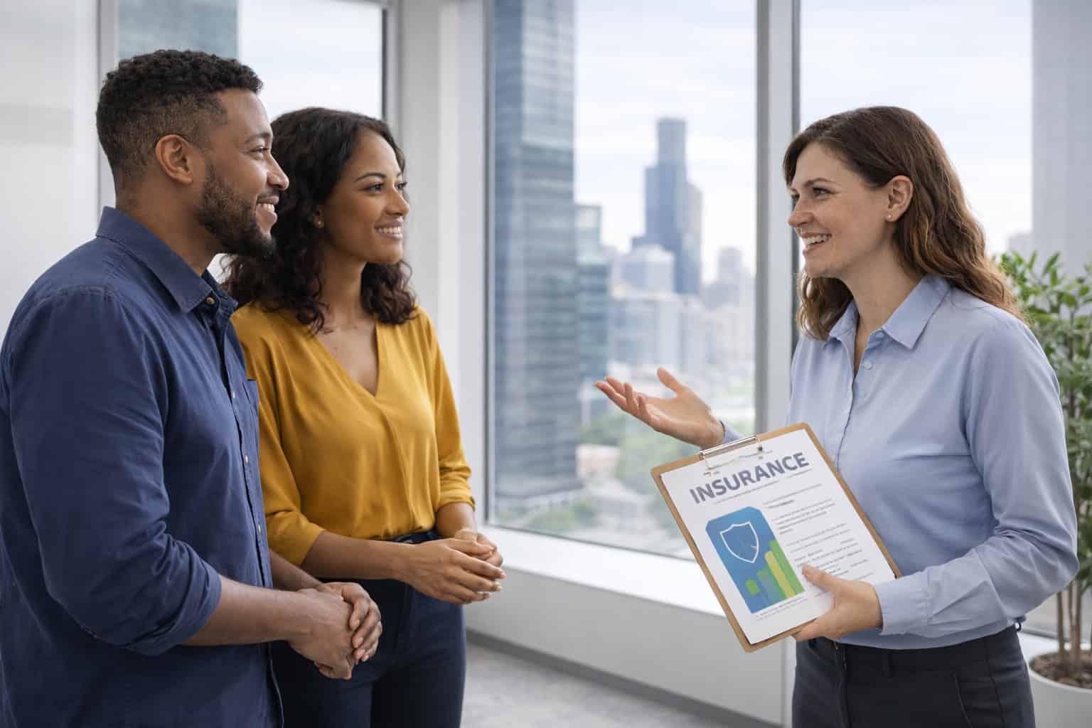 Expert insurance specialist guiding client through personalized health insurance selection process in modern Illinois office