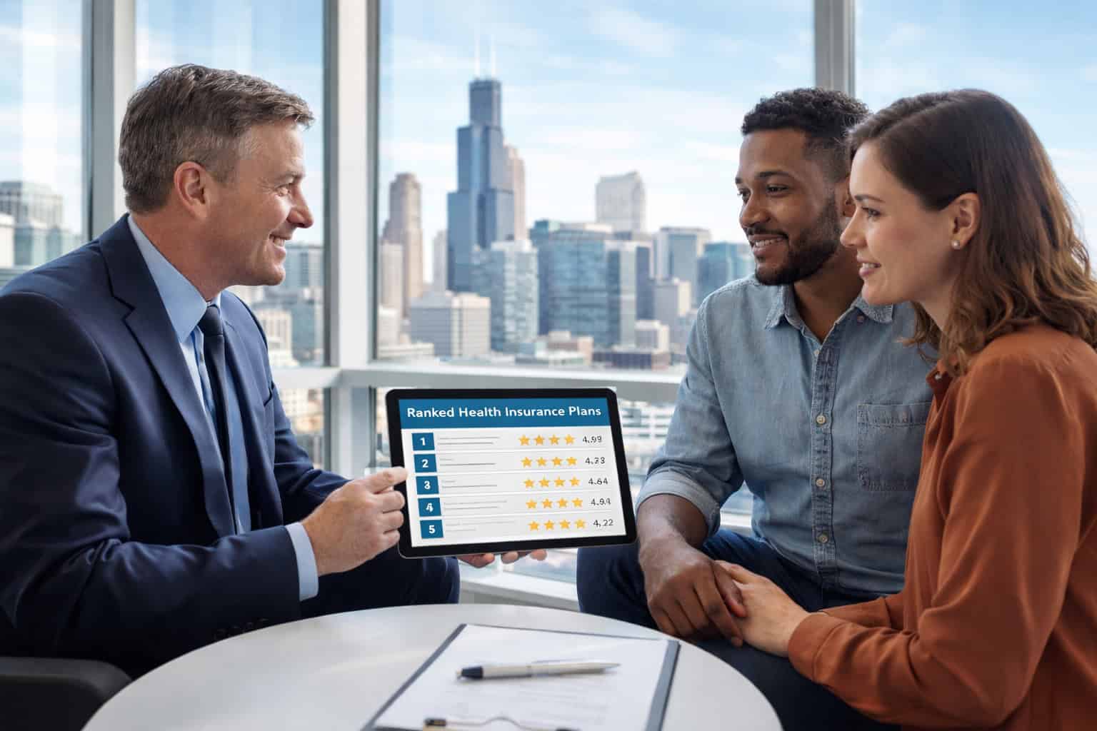 Insurance specialist showing Illinois couple top-ranked health insurance plans with professional evaluation criteria in Chicago office