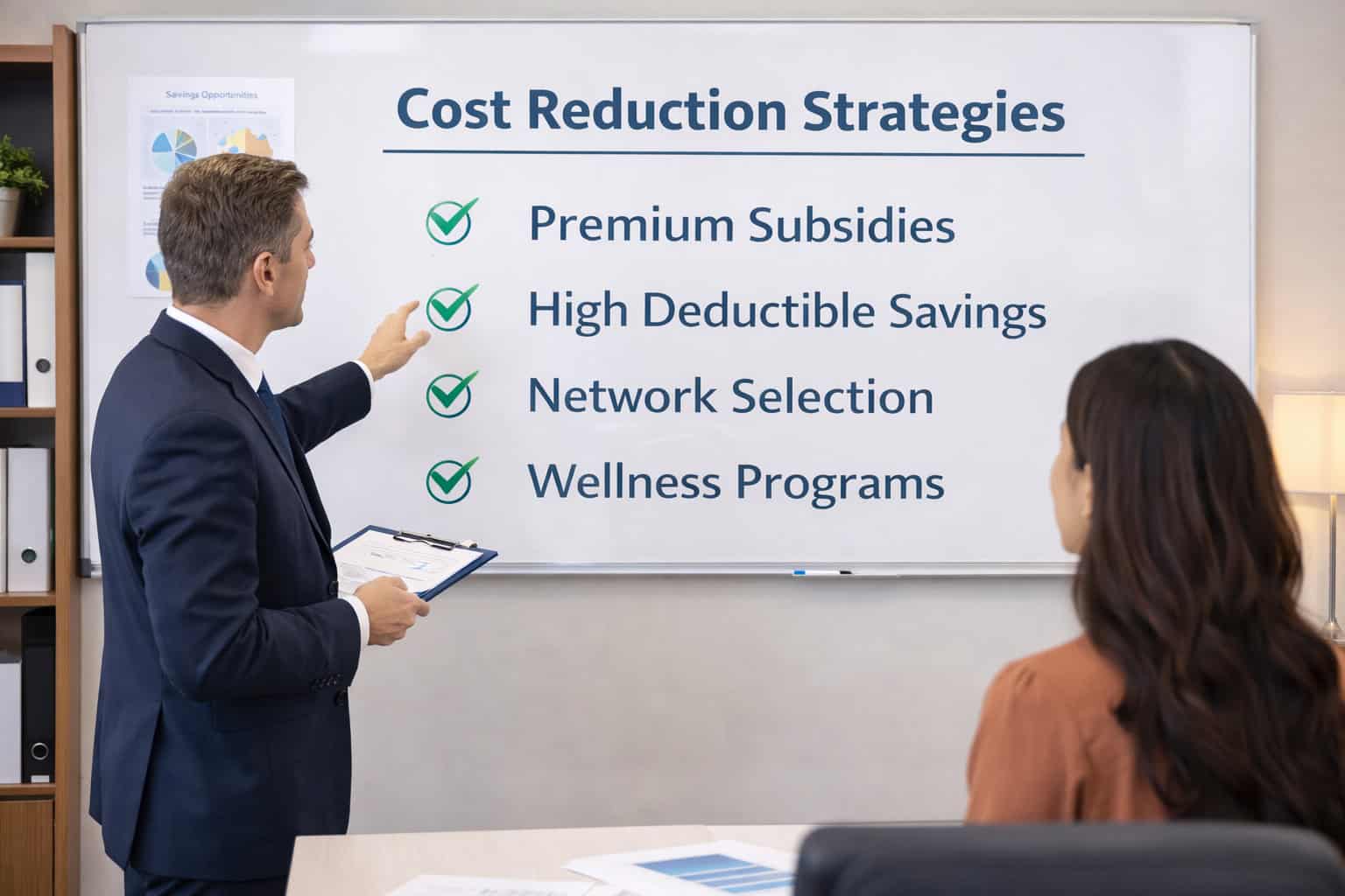 Insurance specialist presenting cost reduction strategies to client on whiteboard: Subsidy programs, High deductible savings, Network selection, Wellness incentives in professional consultation setting