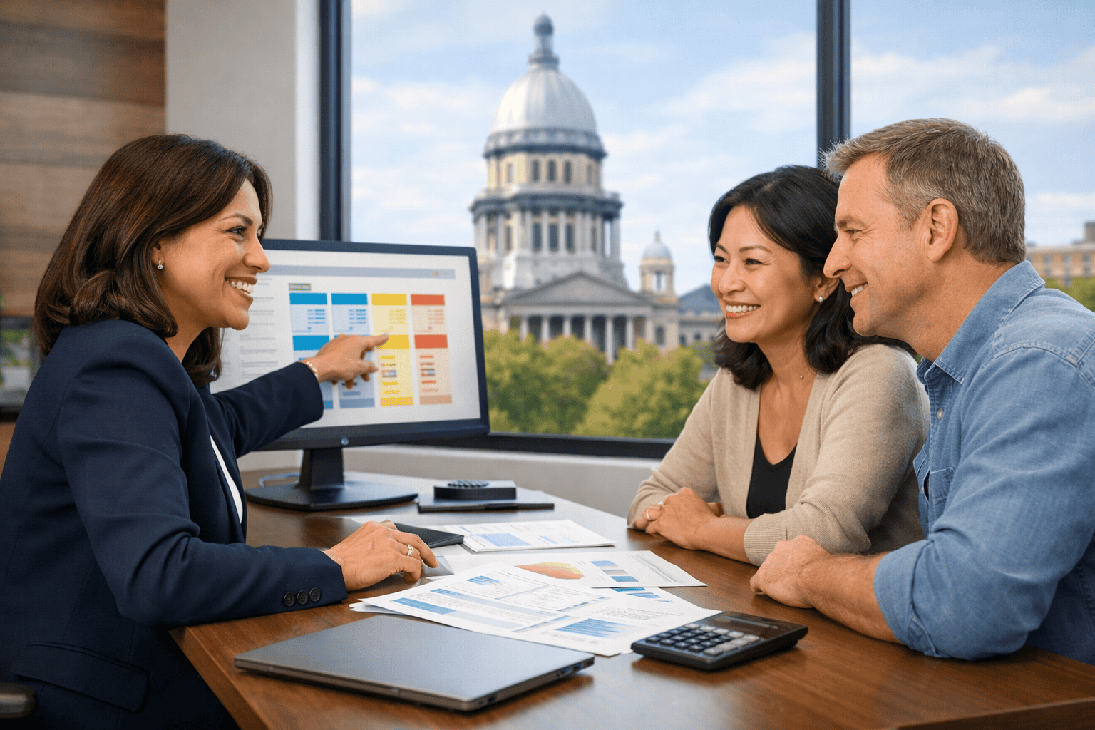 Insurance broker helping Illinois couple navigate health insurance marketplace enrollment in Chicago office