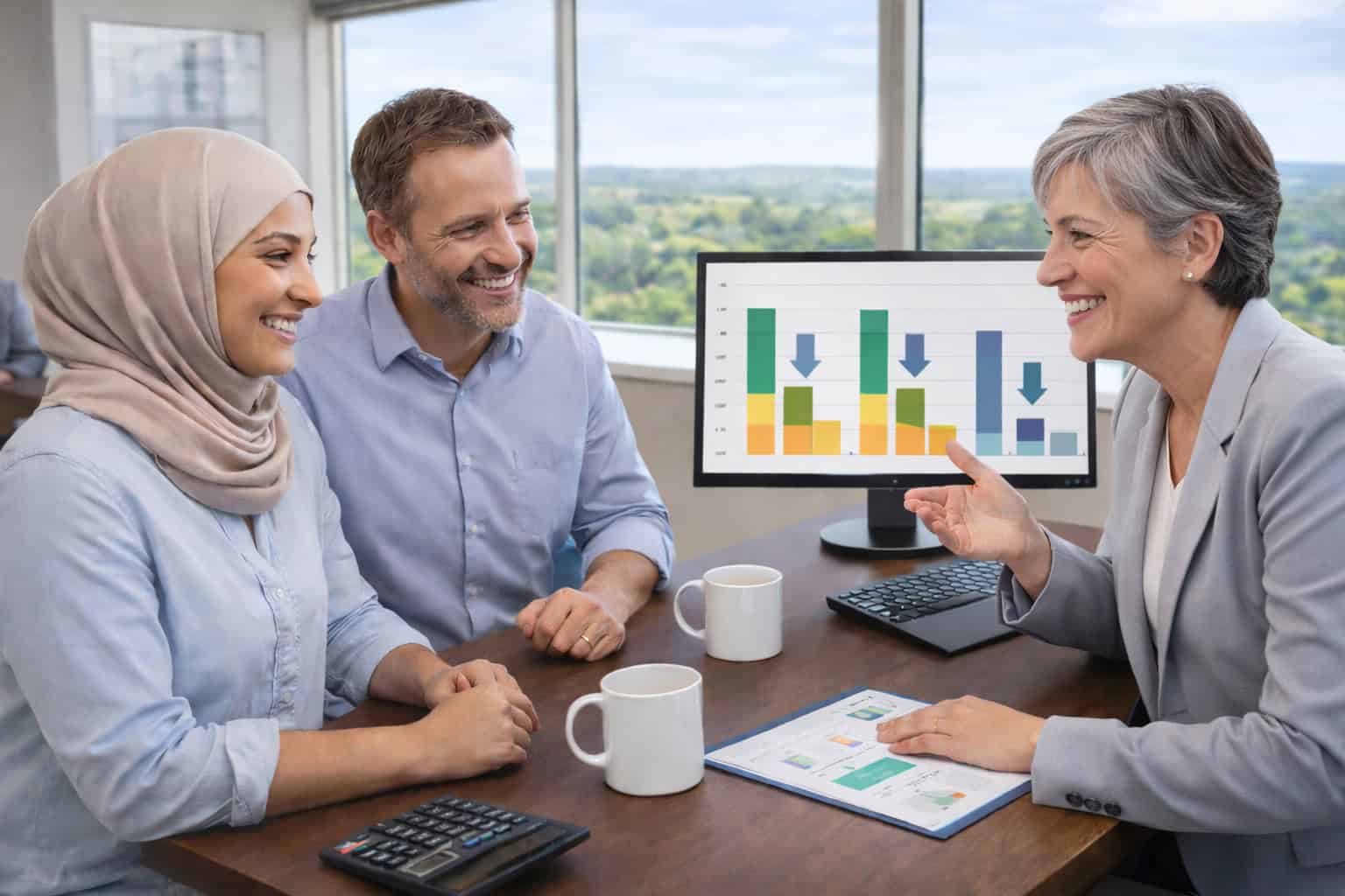 Insurance specialist helping Illinois couple calculate total health insurance costs including premiums, deductibles, and potential subsidies on computer