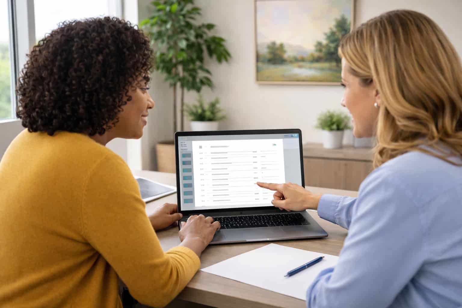 A health insurance specialist reviewing information on a laptop with a client and pointing to options on the screen during a consultation