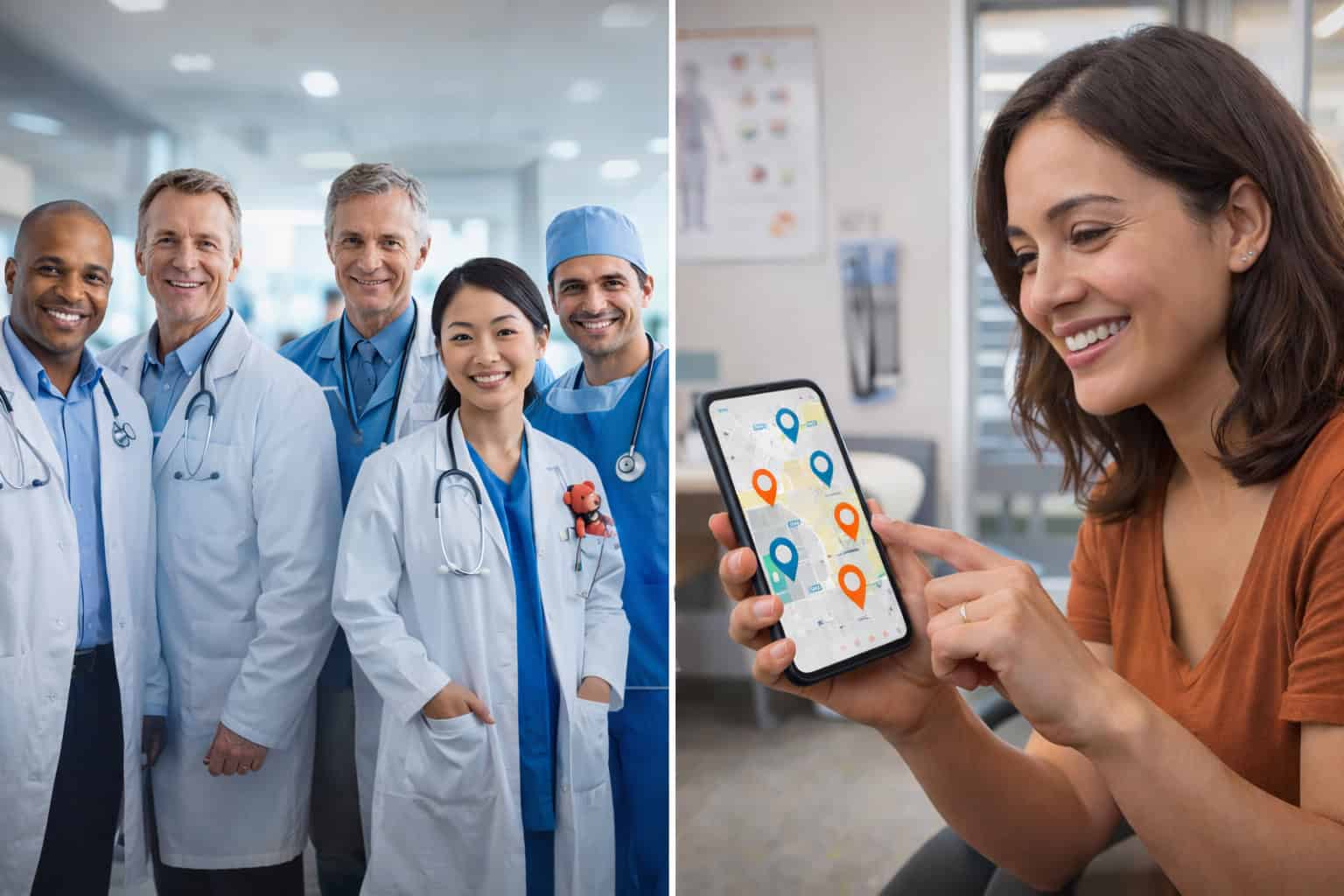Group of medical professionals standing together in a clinic alongside a patient using a smartphone to view nearby healthcare providers on a map