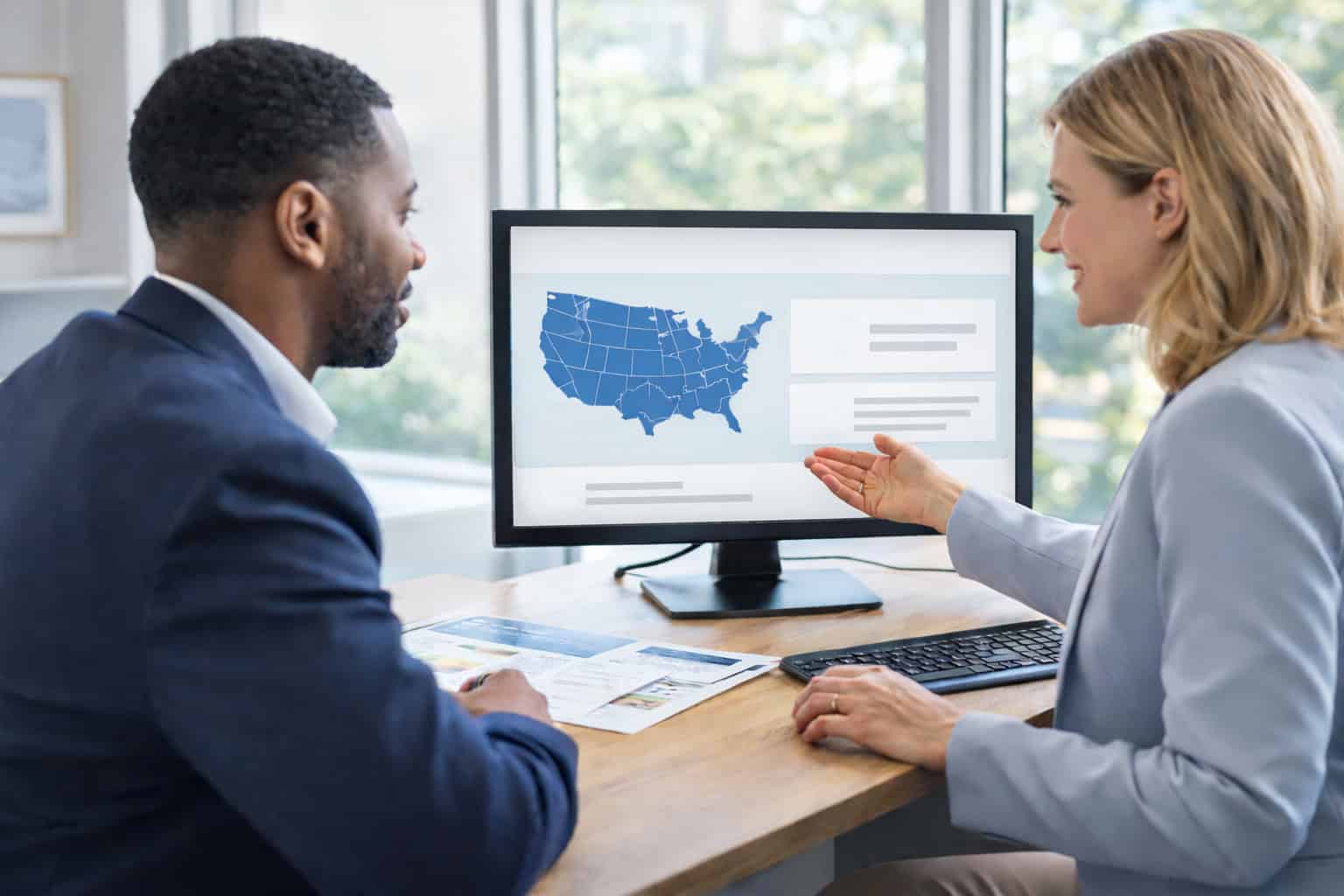 Illinois professional reviewing PPO health insurance plan benefits showing nationwide provider network and no referral requirements with insurance specialist on computer in modern consultation office