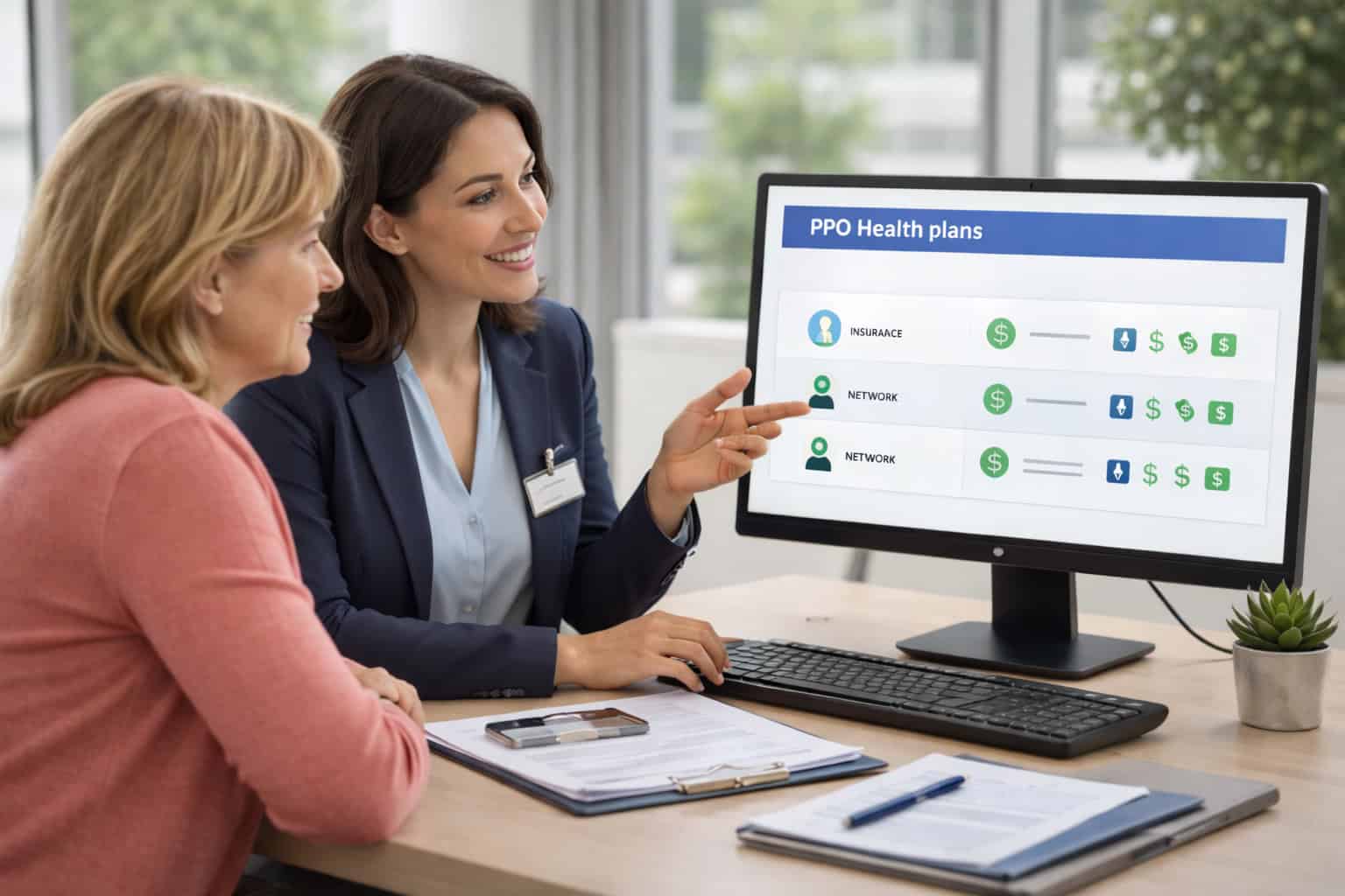 Insurance specialist helping Illinois resident compare PPO health insurance options on Healthcare.gov marketplace showing plan details network coverage and costs on computer screen