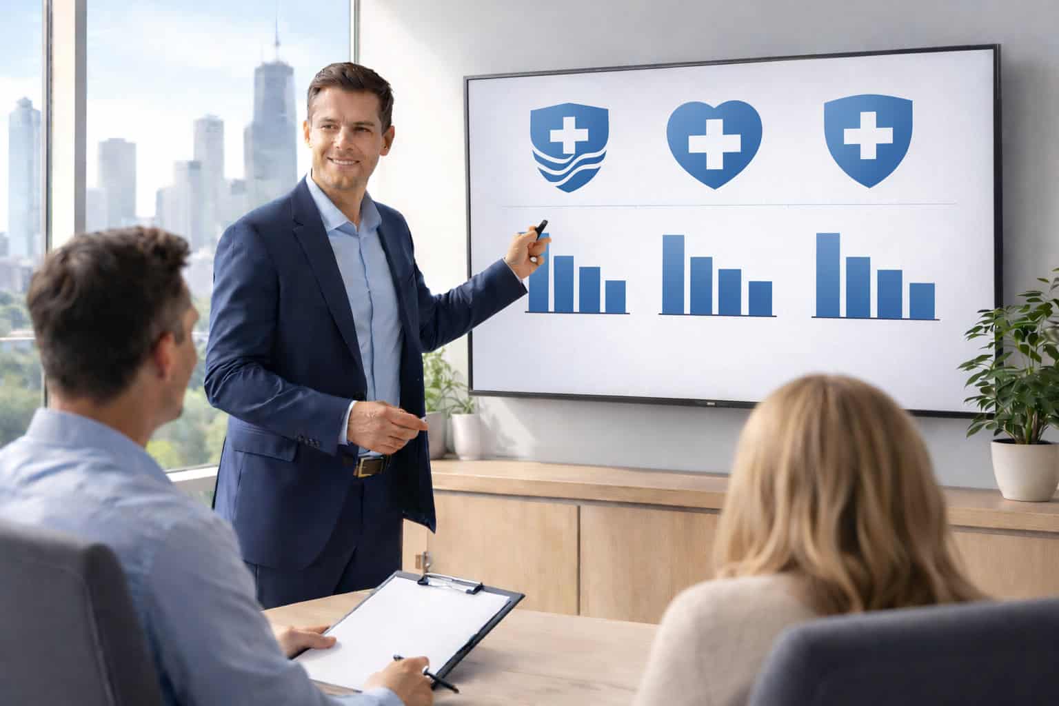Professional broker presenting multiple health insurance carrier options to Illinois client in modern office