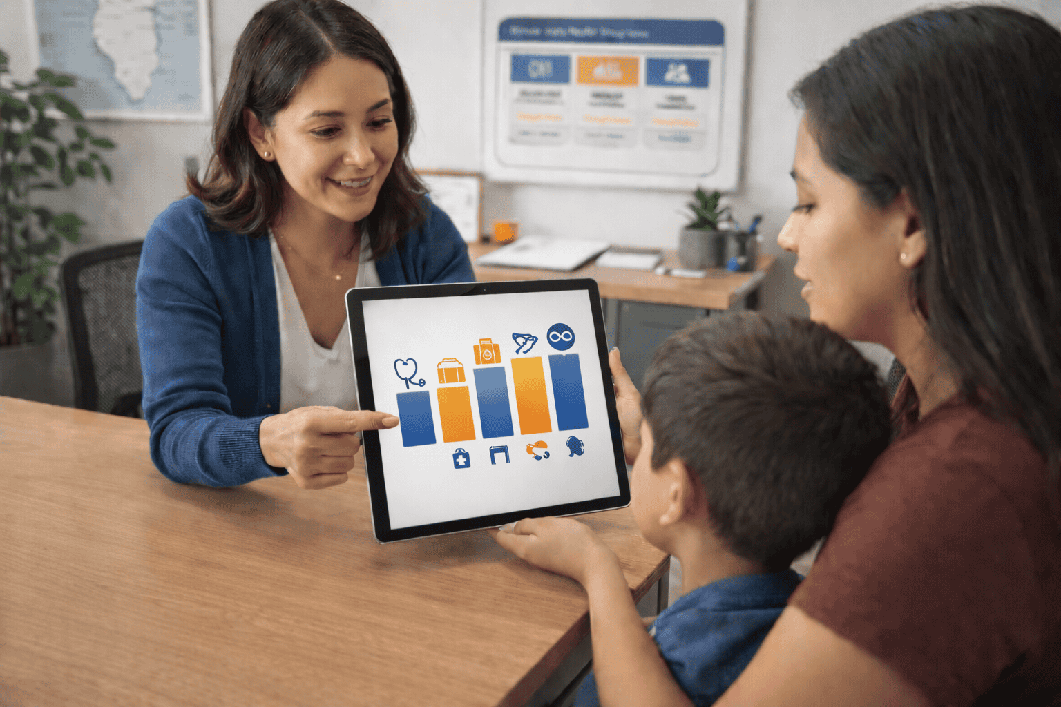 Professional caseworker helping Illinois resident complete Medicaid application showing comprehensive benefits including doctor visits, prescriptions, and hospital care on informative chart in government assistance office