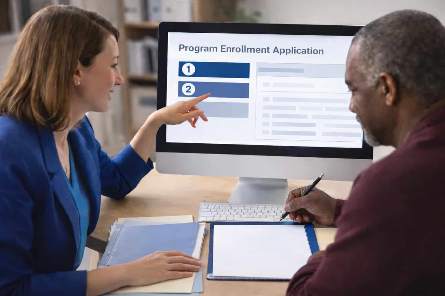 Insurance specialist guiding Illinois resident through state program enrollment process showing step-by-step application completion on computer with required documents and forms organized on desk