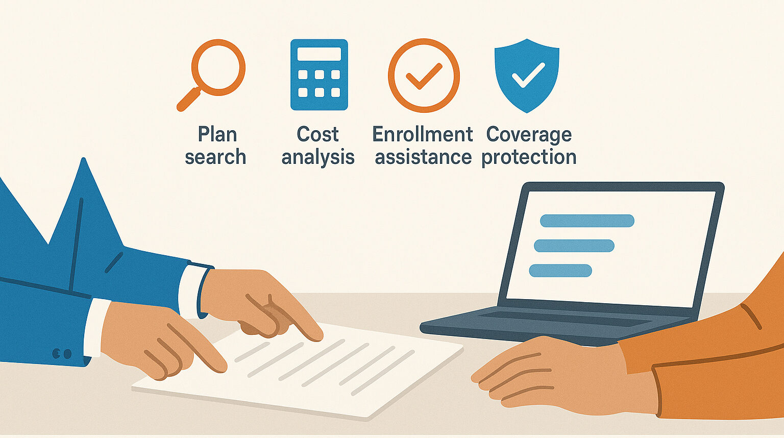 Illustration of licensed insurance broker providing personalized guidance to New Jersey resident shopping for individual health insurance plans with expert plan comparison and enrollment assistance