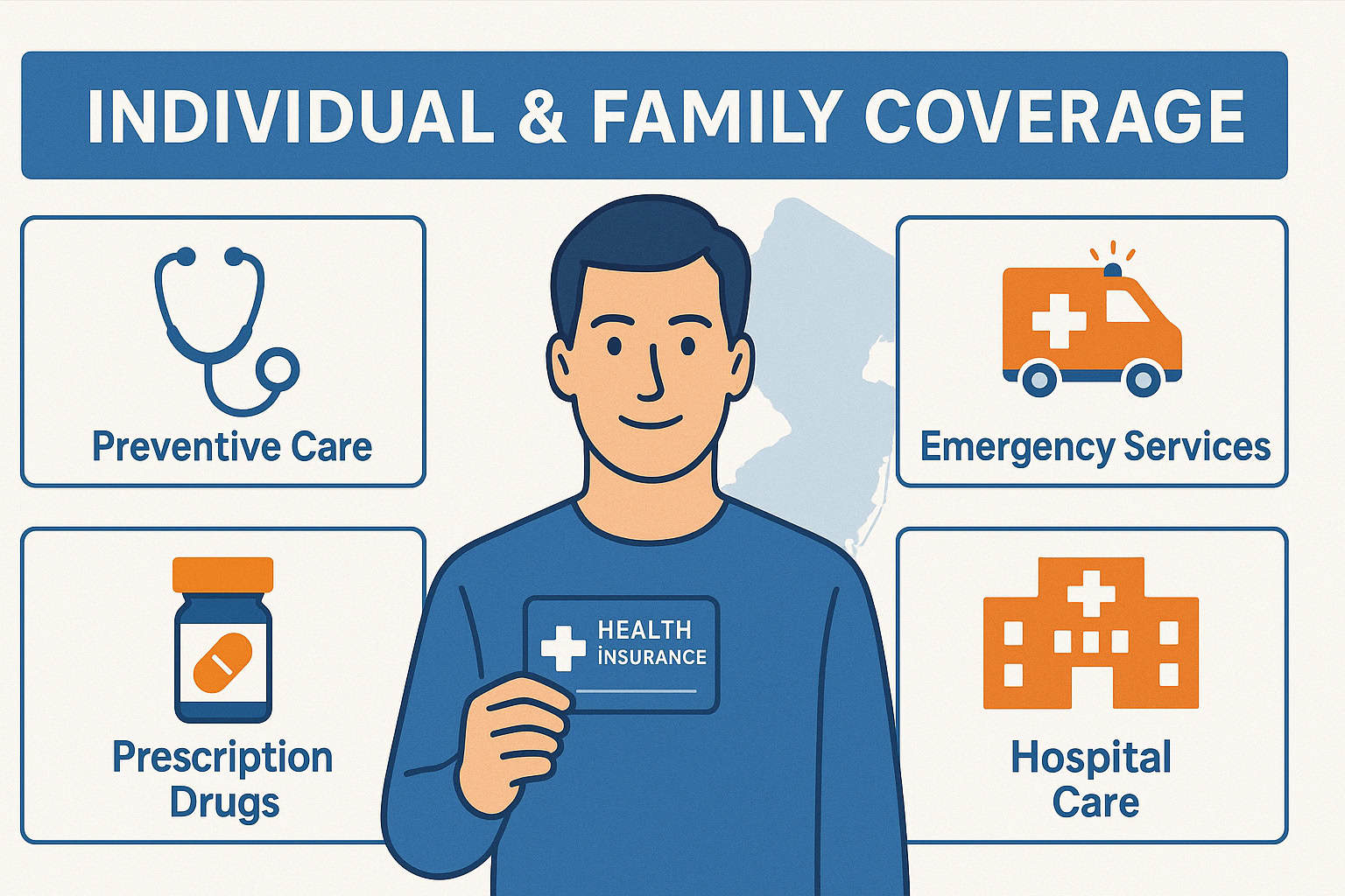 Infographic showing New Jersey individual health insurance coverage including preventive care, emergency services, prescription drugs, and hospital care benefits available to residents