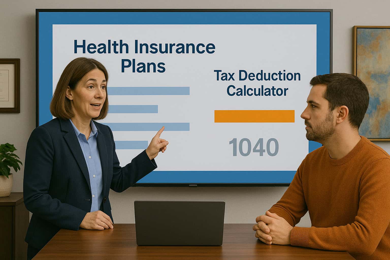 Insurance broker helping self-employed business owner optimize health insurance and tax deductions