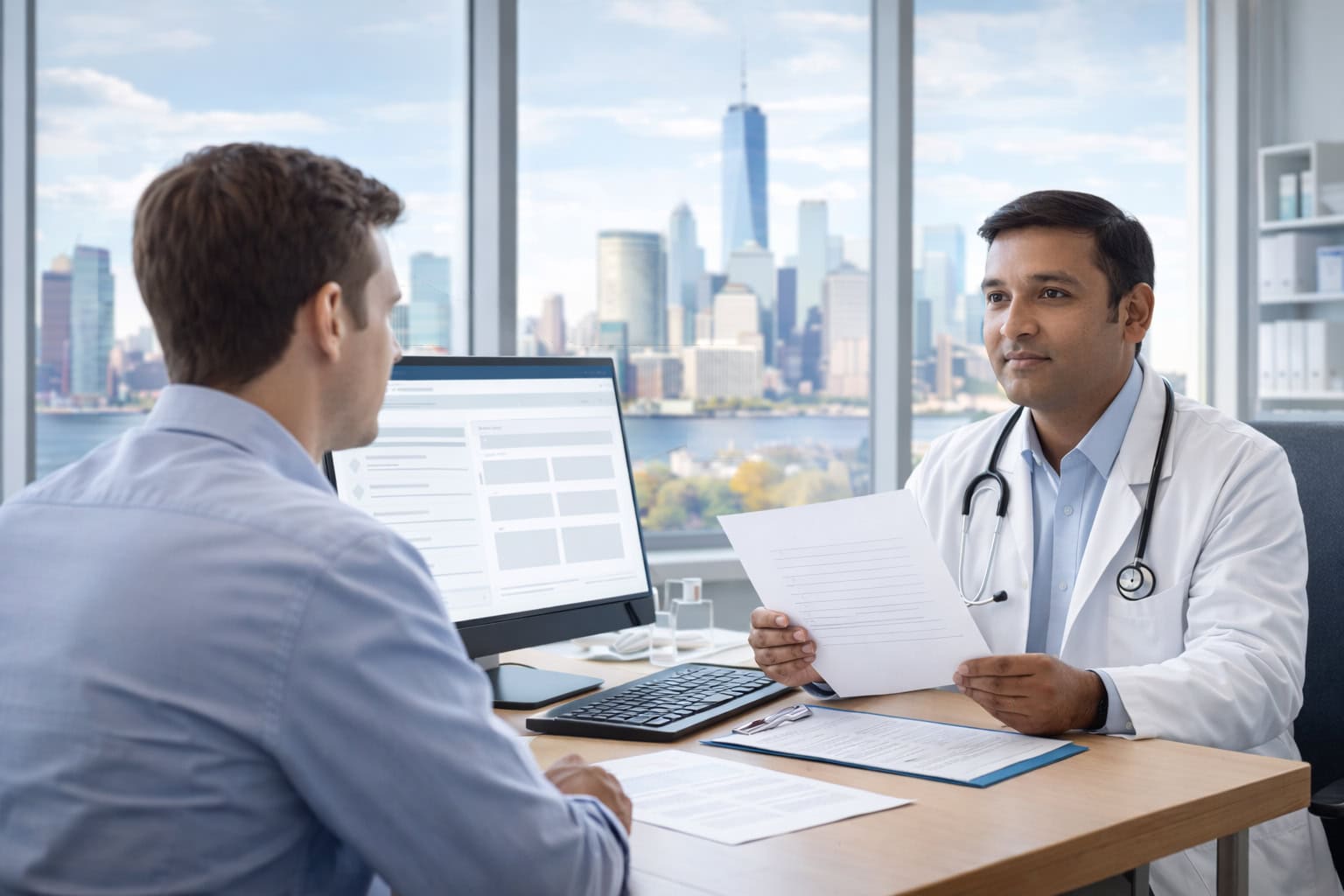 Doctor consulting with patient in modern New Jersey medical office, reviewing PPO health insurance plan options and provider network flexibility with insurance documents and digital resources