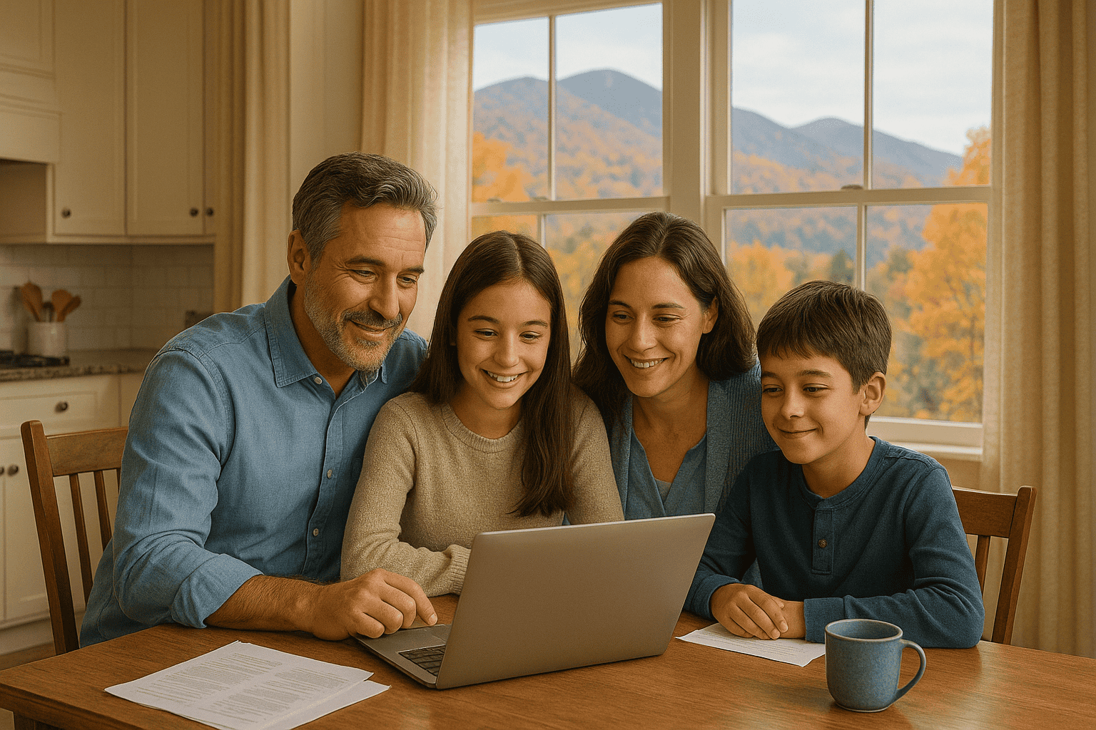Vermont family reviewing health insurance options together with Green Mountain views