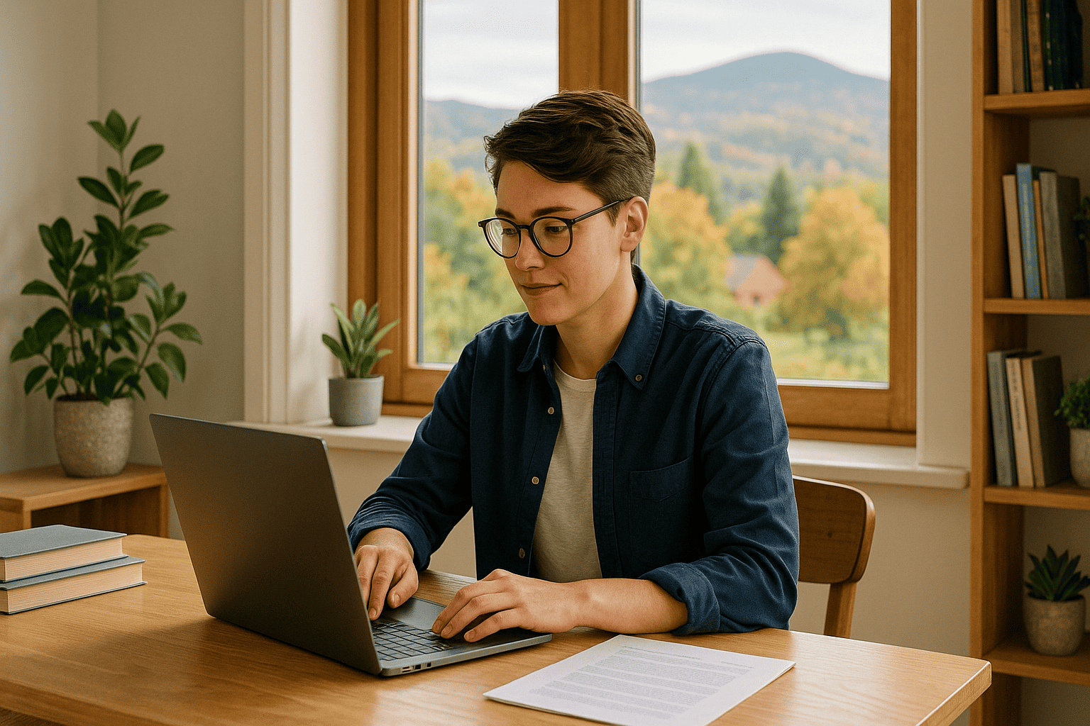 Vermont self-employed professional working from home reviewing health insurance coverage options and calculating tax deductions