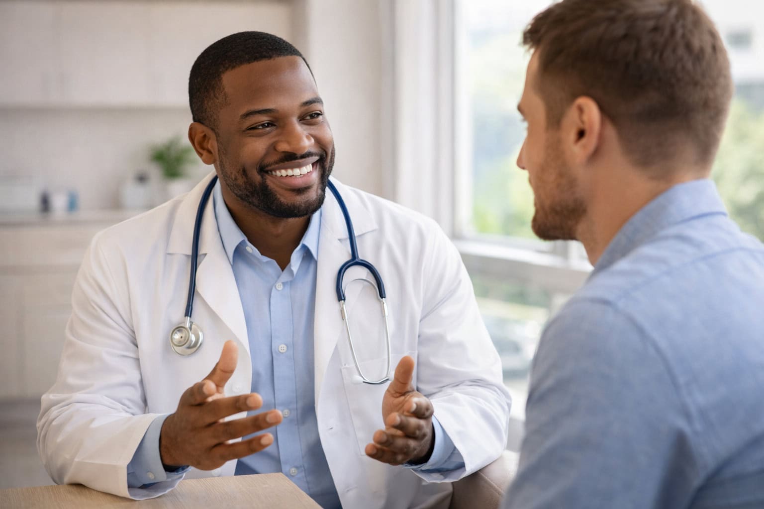 Doctor discussing health coverage options with patient in medical office
