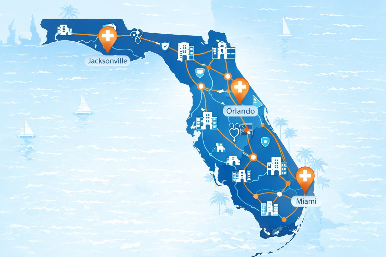 Florida PPO Networks - Comprehensive view of PPO provider networks throughout Florida showing Miami, Tampa, Orlando, and Jacksonville connected to premier hospitals and healthcare facilities across all 67 counties