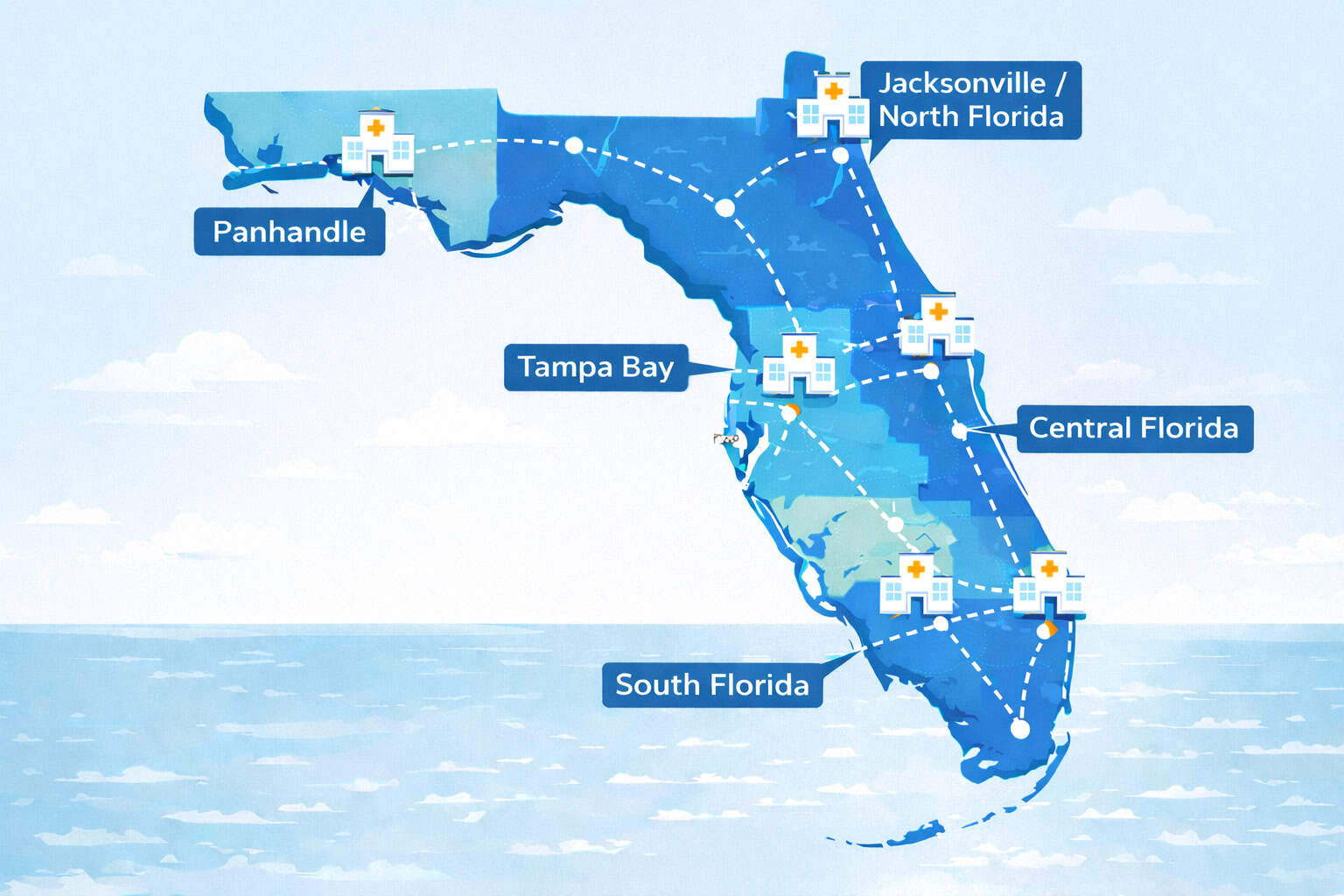 Florida PPO Regional Coverage - Map showing PPO provider networks across South Florida, Central Florida, Tampa Bay, Jacksonville, and the Panhandle with major hospitals and healthcare systems highlighted