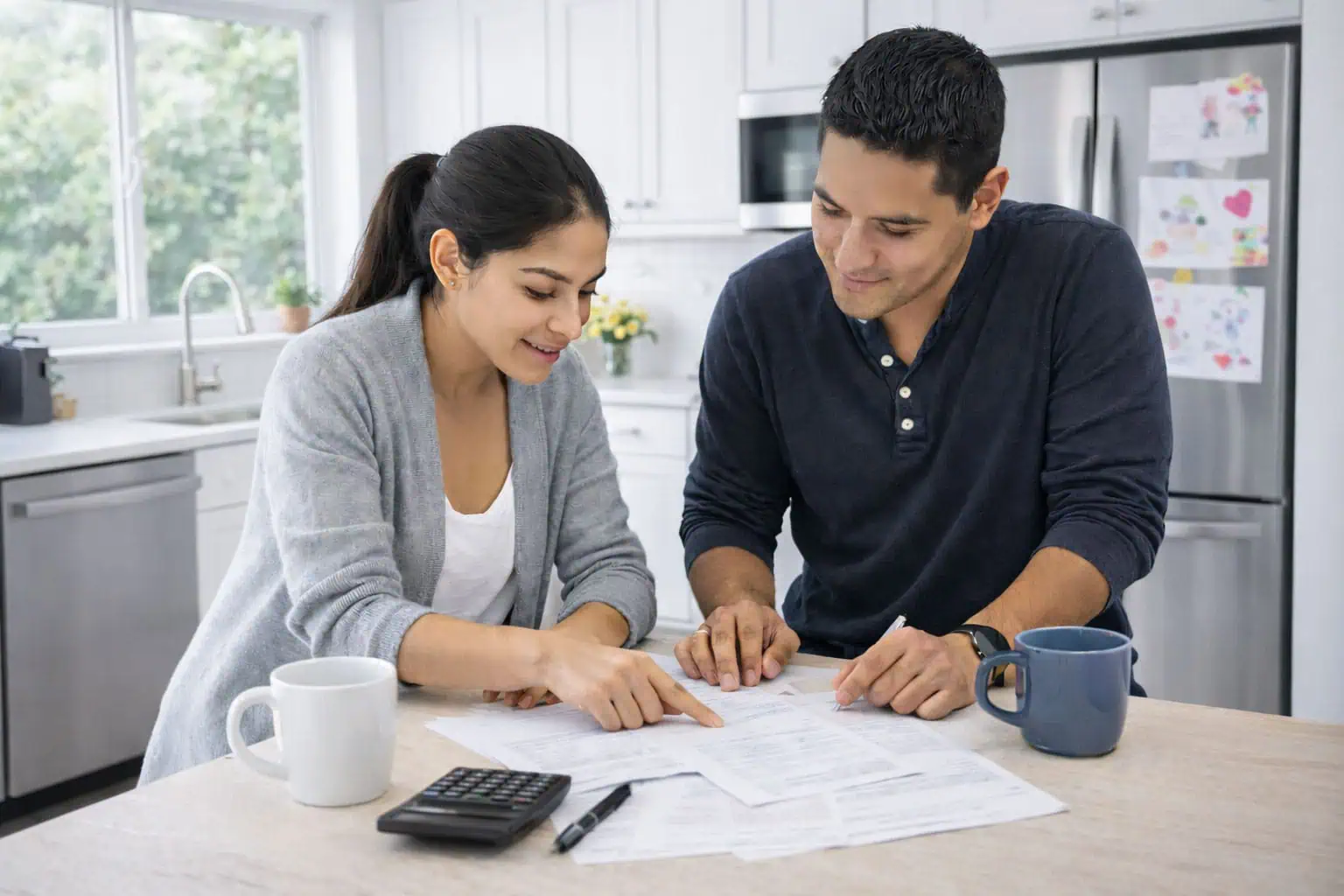 Young couple at kitchen counter reviewing health insurance costs