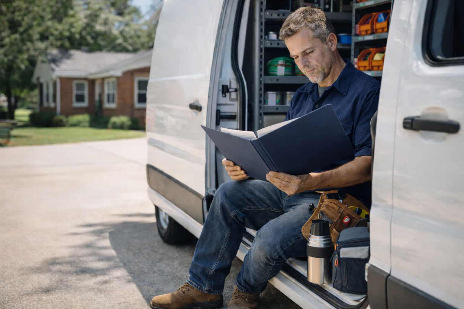 Self-employed electrician reviewing paperwork in work van during break