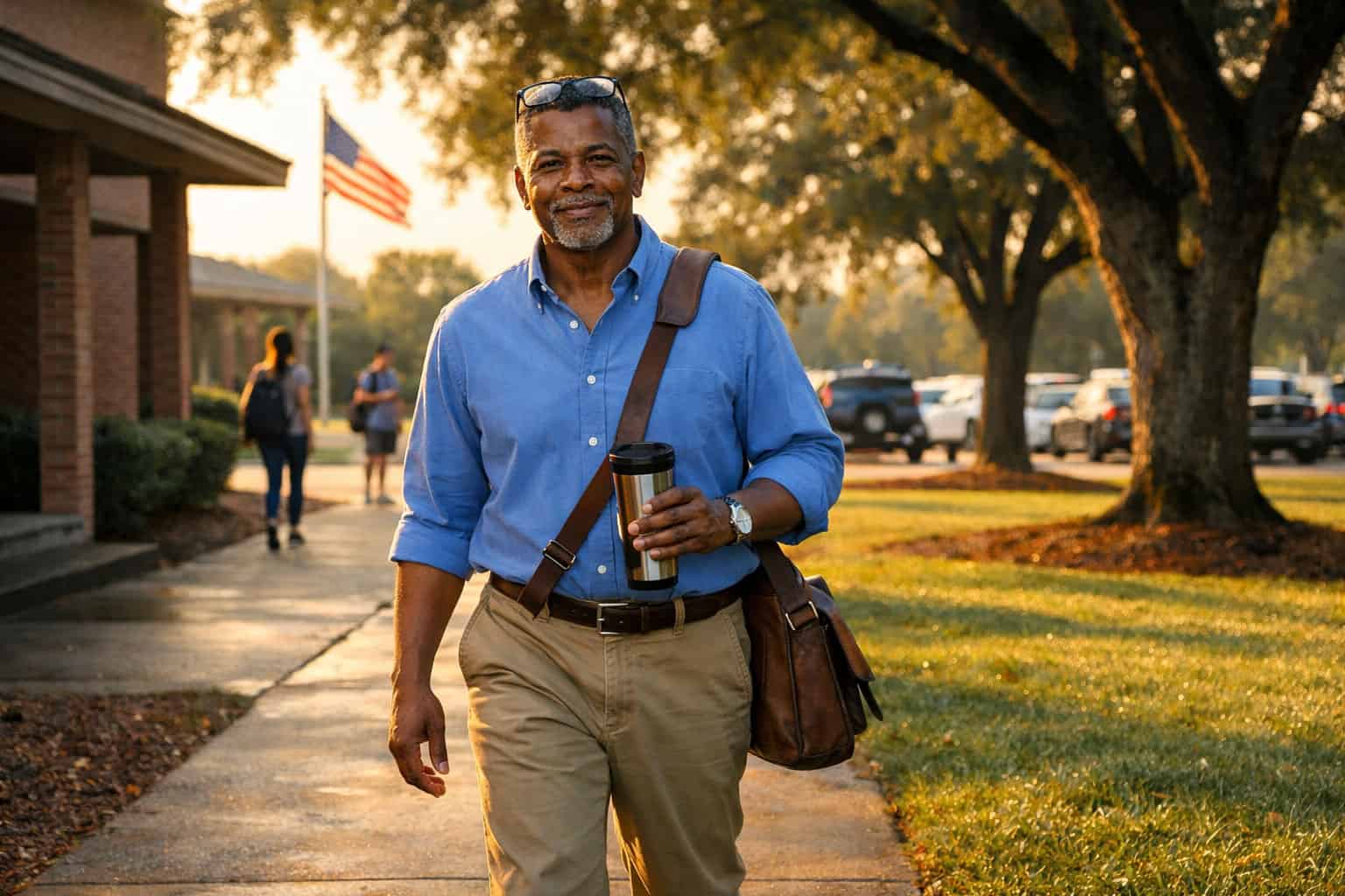 Older worker in late 50s walking through community college campus