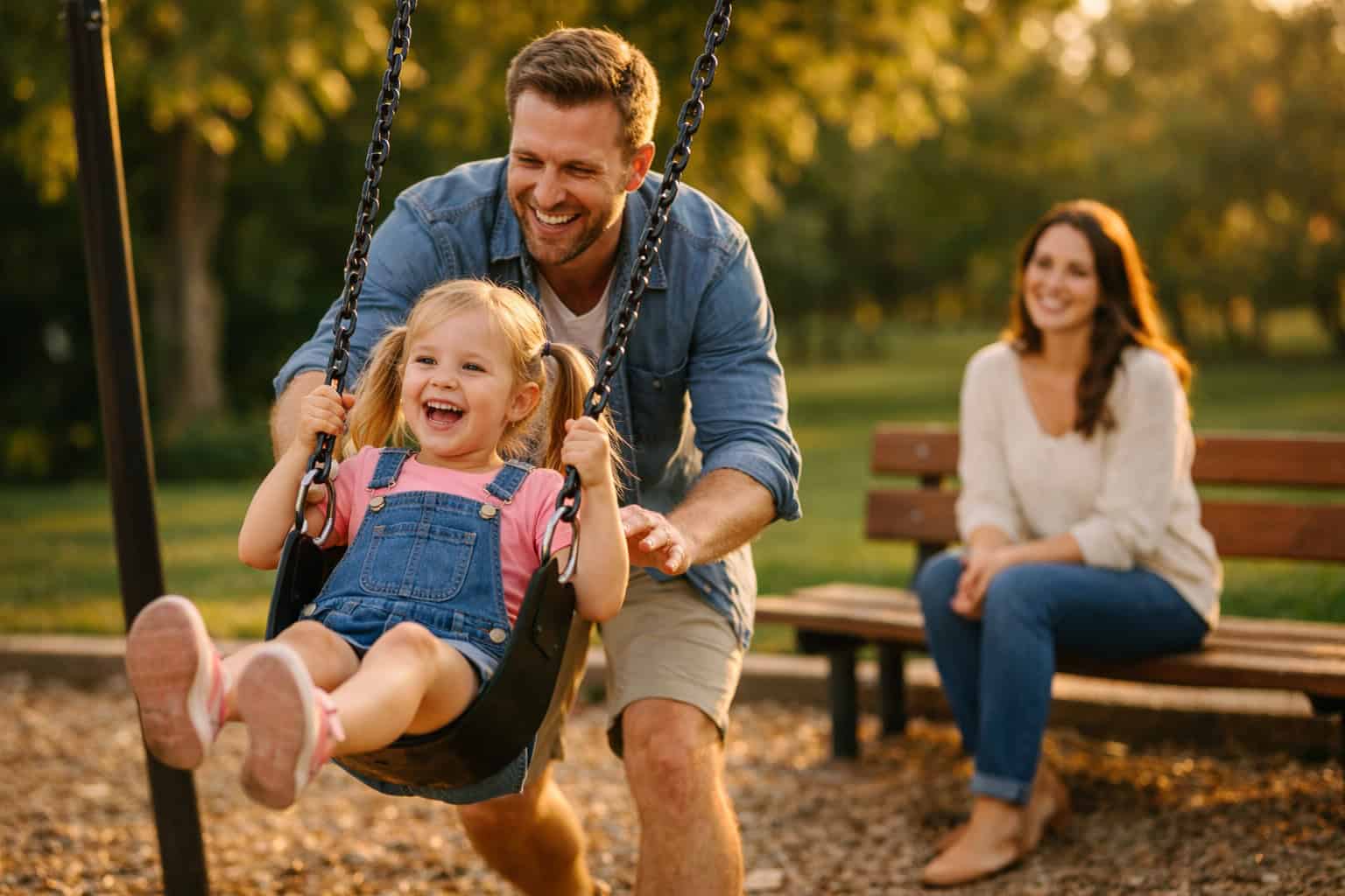  A white father pushing his young daughter on a swing at a suburban playground while the mother watches from a nearby bench