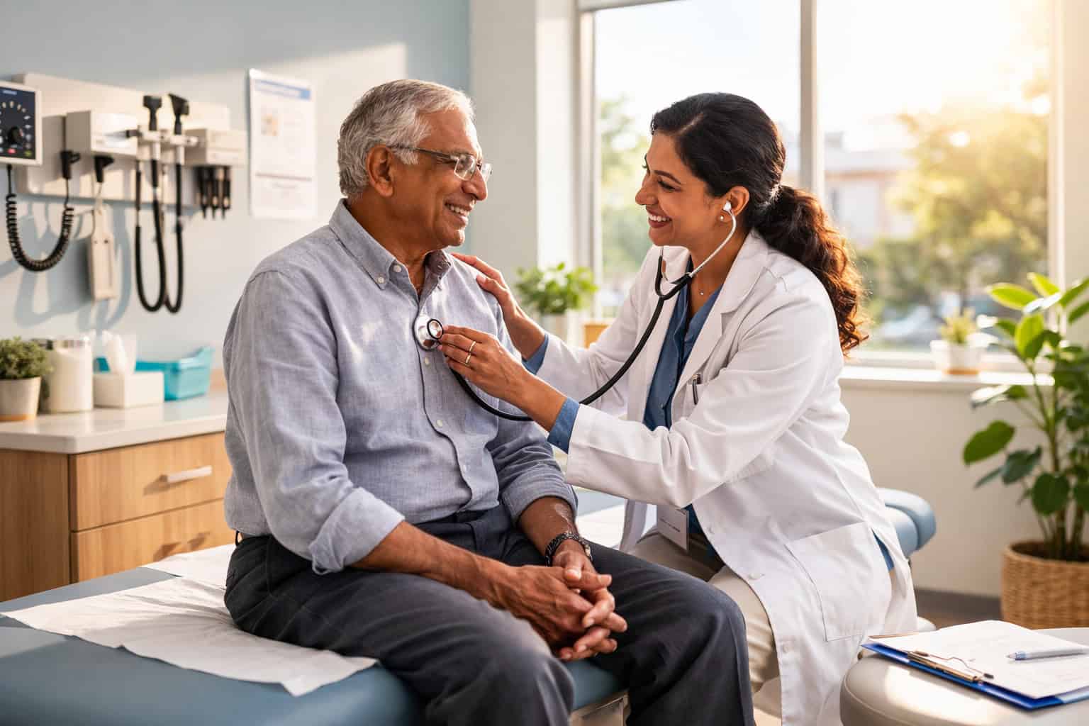 An elderly South Asian man sitting on an exam table while a female doctor listens to his chest with a stethoscope in a bright clinic room