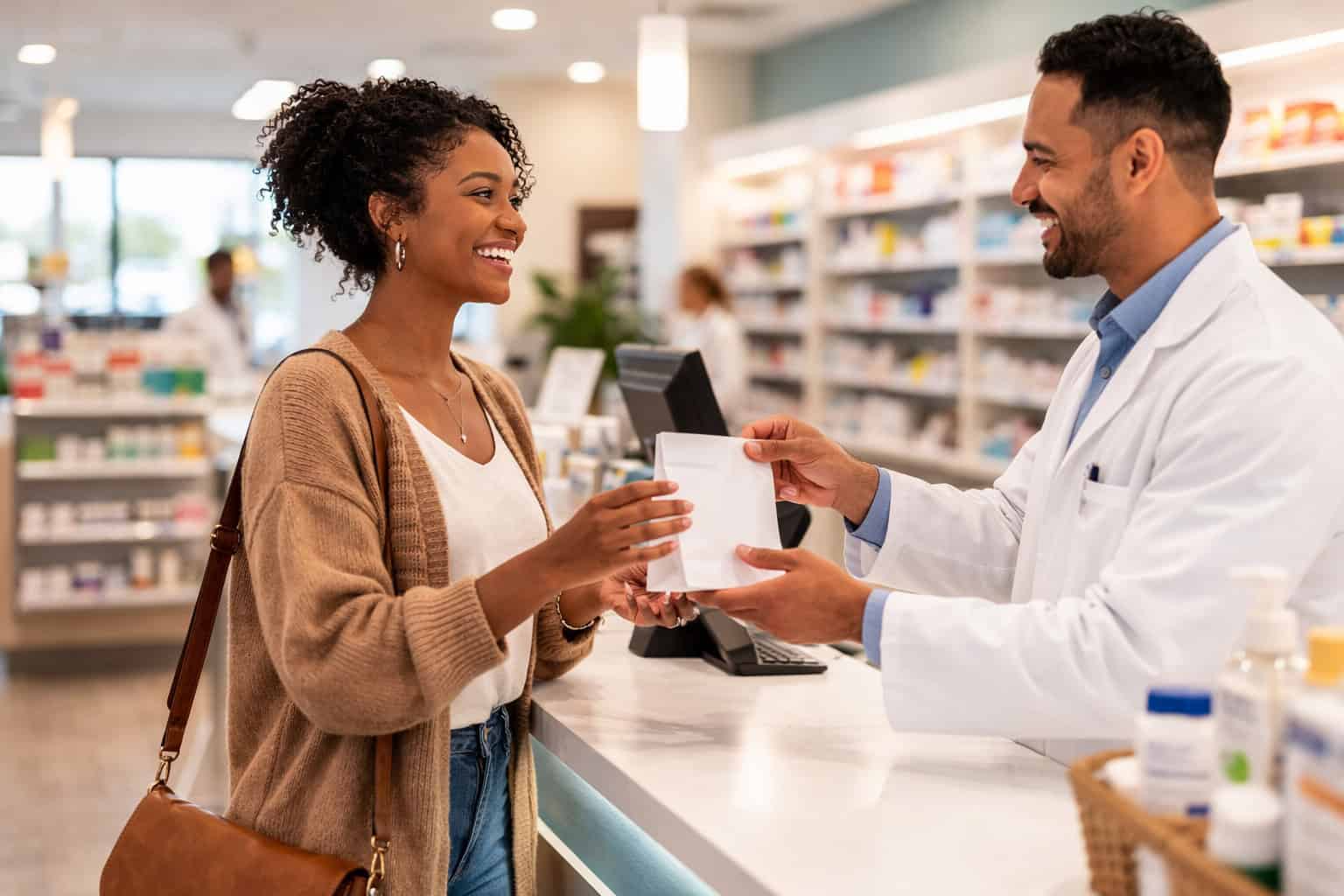  A young Black woman picking up a prescription at a pharmacy counter while a pharmacist in a white coat hands her a paper bag