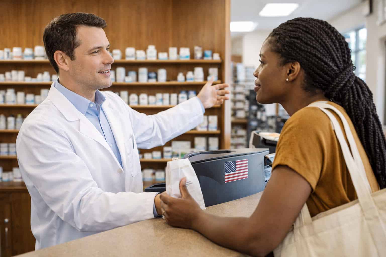 Pharmacist explaining medication options to customer at Alabama pharmacy counter
