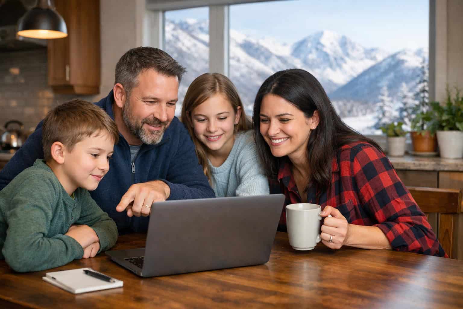Alaska family reviewing health insurance options on laptop at home