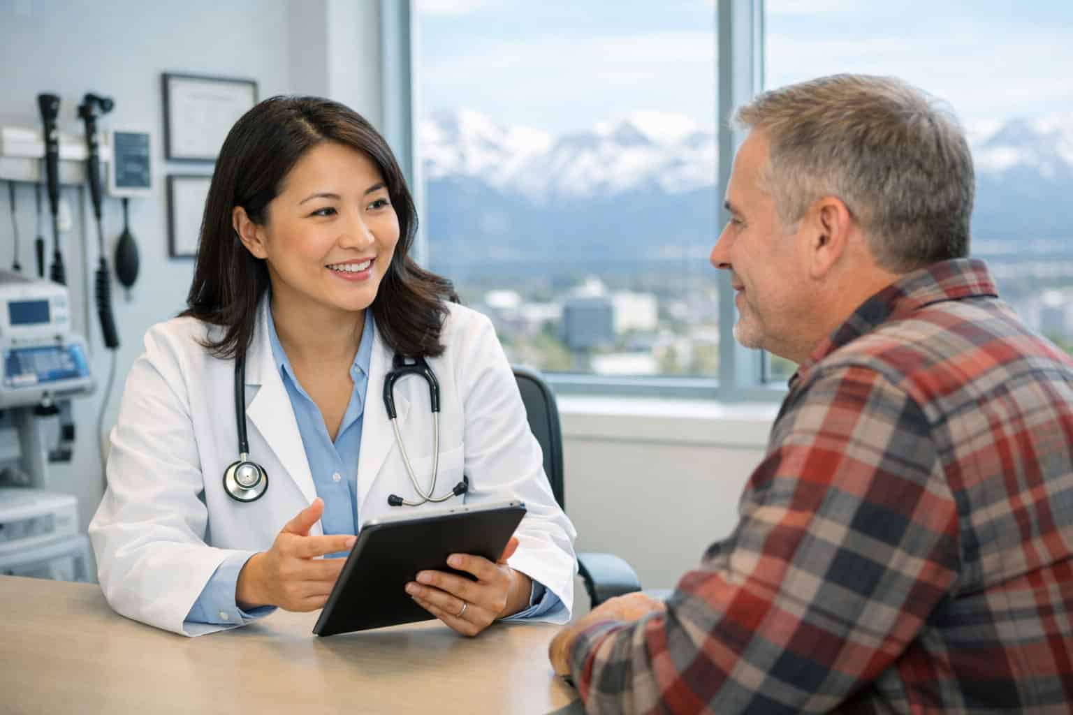 Healthcare provider meeting with patient in Anchorage medical clinic