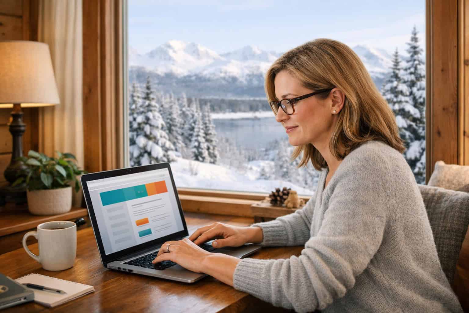 Woman enrolling in Alaska health insurance marketplace on laptop at home