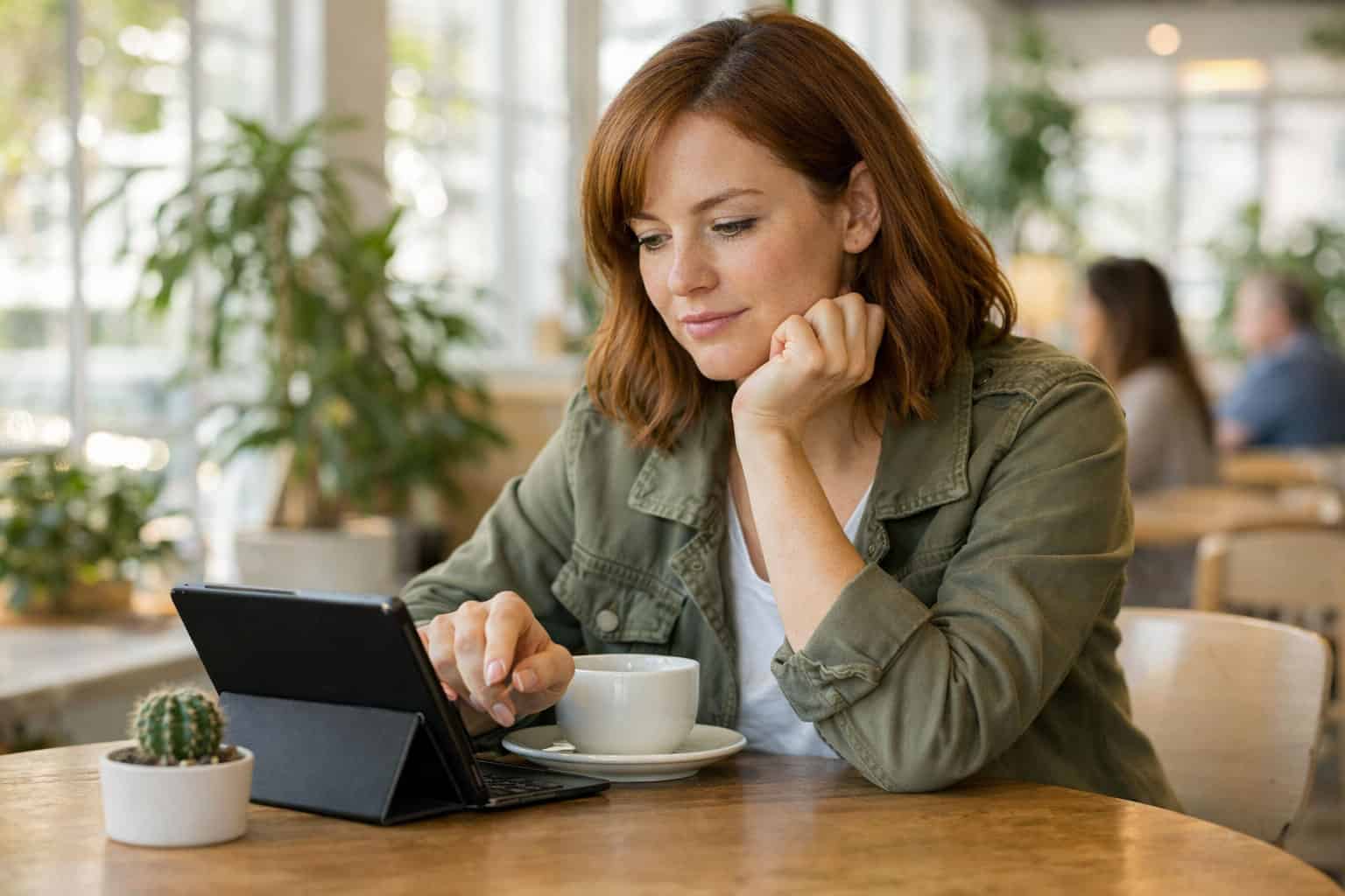 Young woman comparing health insurance plans on tablet at coffee shop