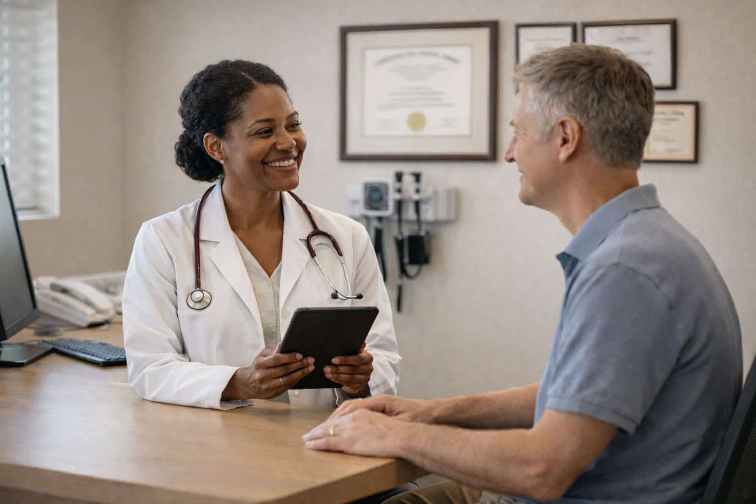 Doctor reviewing chart with patient in Alabama clinic