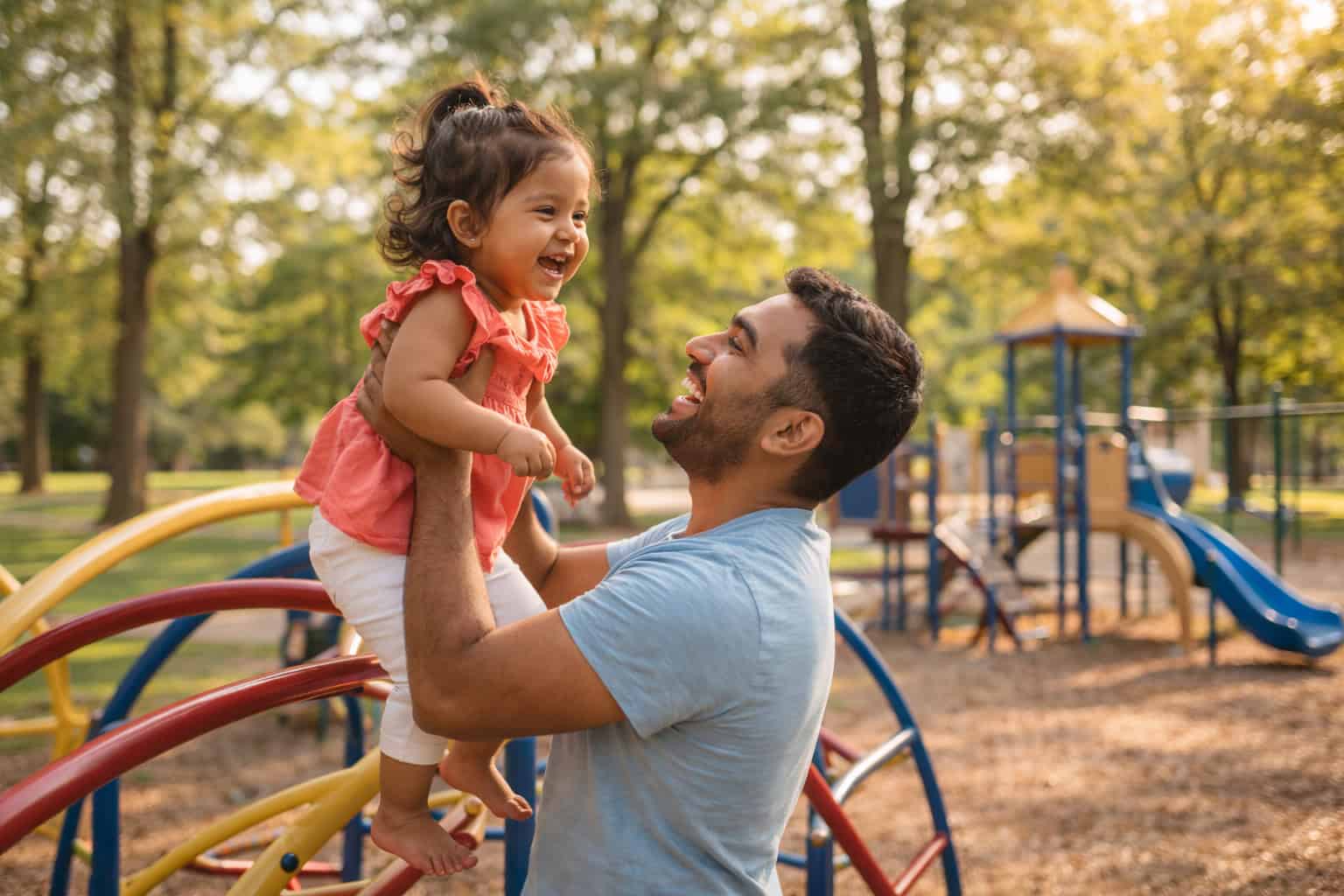 South Asian father lifting his toddler daughter onto a playground structure at a suburban Delaware park on a warm spring afternoon