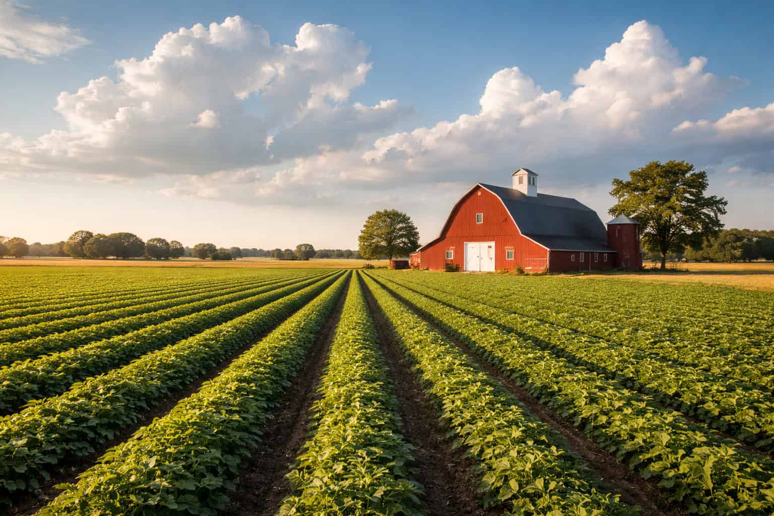 Open farmland with rows of green crops and a red barn in Kent County Delaware under a wide blue sky with cumulus clouds