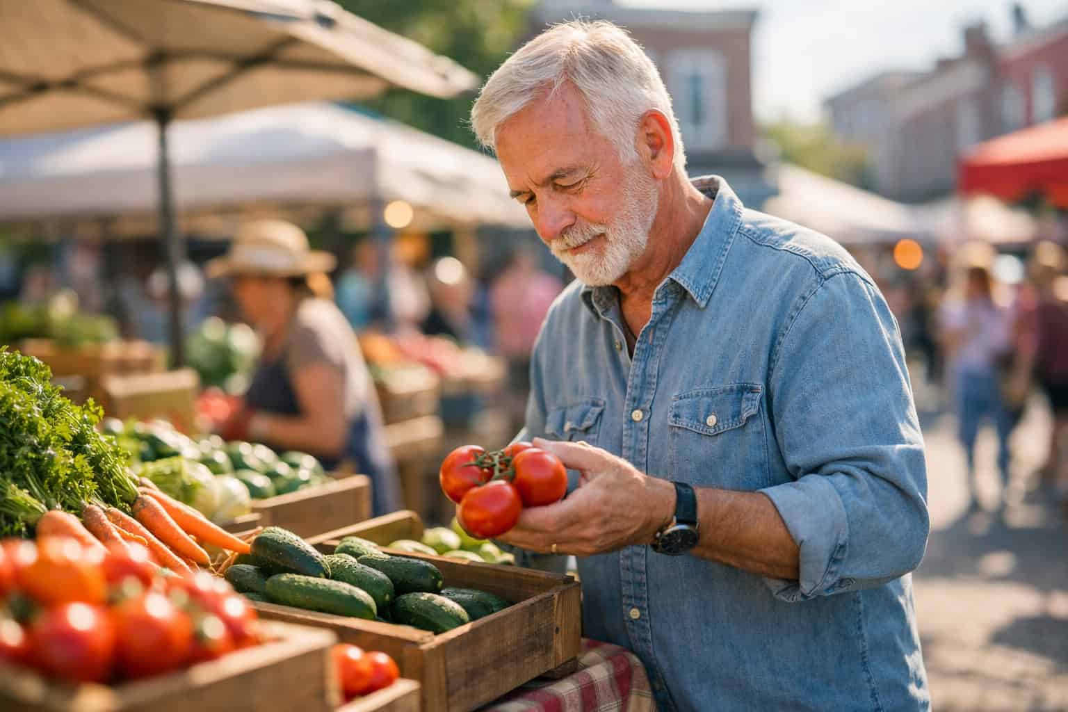 Older white man in his 60s examining fresh produce at an outdoor farmer's market stand in a Delaware town square on a Saturday morning