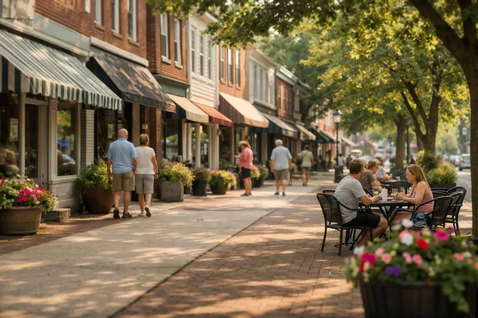 Historic small-town main street in Delaware with brick storefronts, striped awnings, and a few pedestrians on a quiet summer morning.