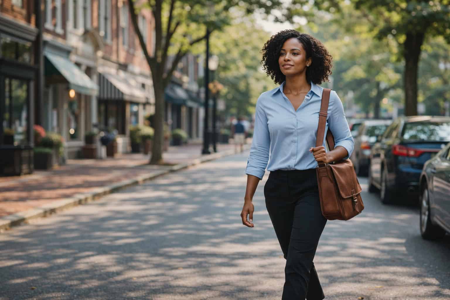  Young Black woman walking through a tree-lined downtown street in Wilmington Delaware carrying a messenger bag on a clear weekday morning