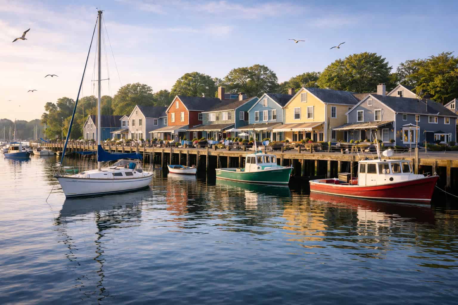 Scenic Connecticut coastal harbor town with sailboats moored at a wooden dock and waterfront shops along the shore