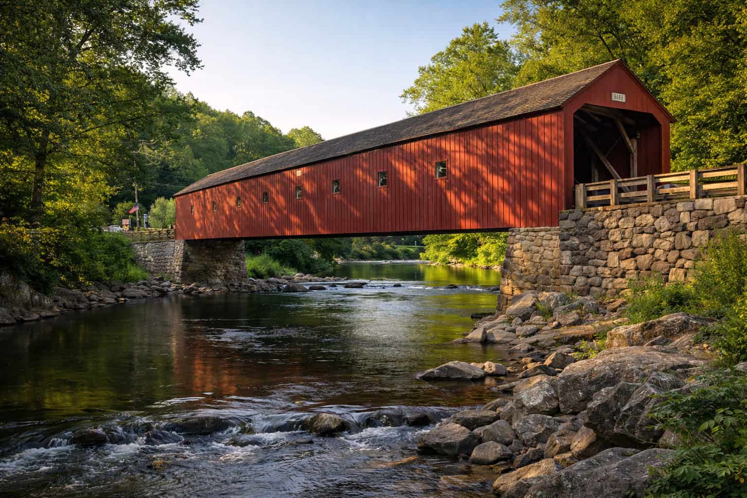  Historic red covered bridge spanning a stream in rural Connecticut surrounded by green forest