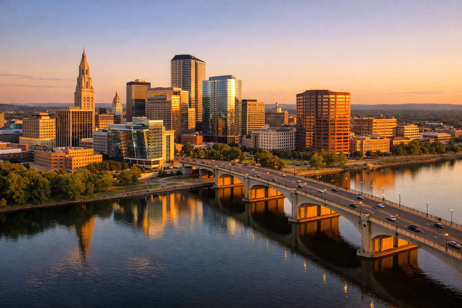 Hartford Connecticut downtown skyline with insurance company headquarters buildings along the Connecticut River at sunset