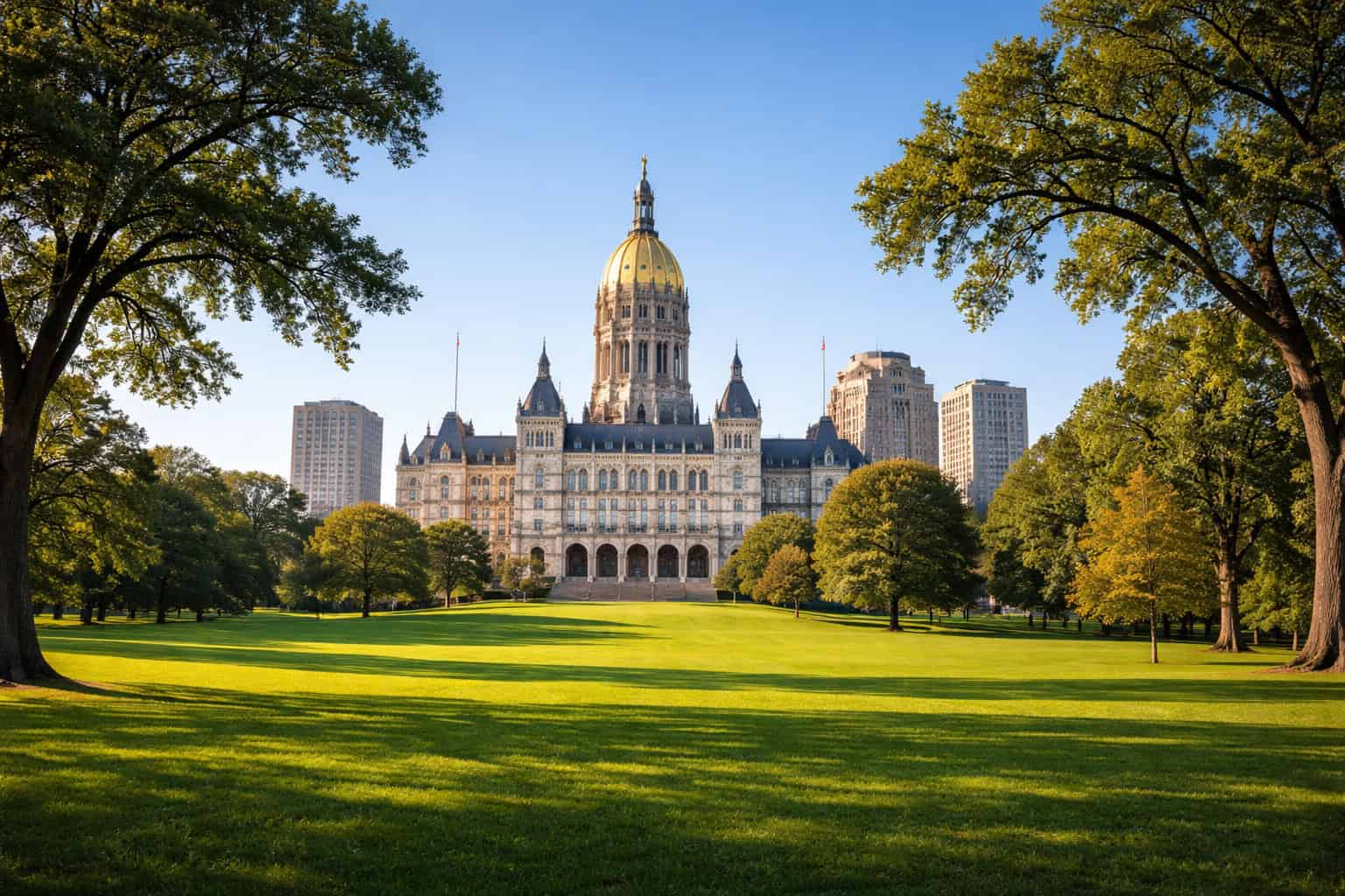 Connecticut State Capitol building in Hartford with surrounding city park and downtown skyline on a clear day