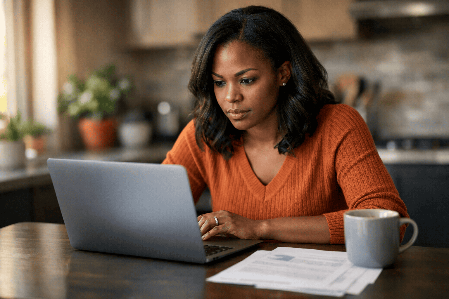 Black woman in her 30s reviewing health insurance options on a laptop at her kitchen table with paperwork spread out beside her