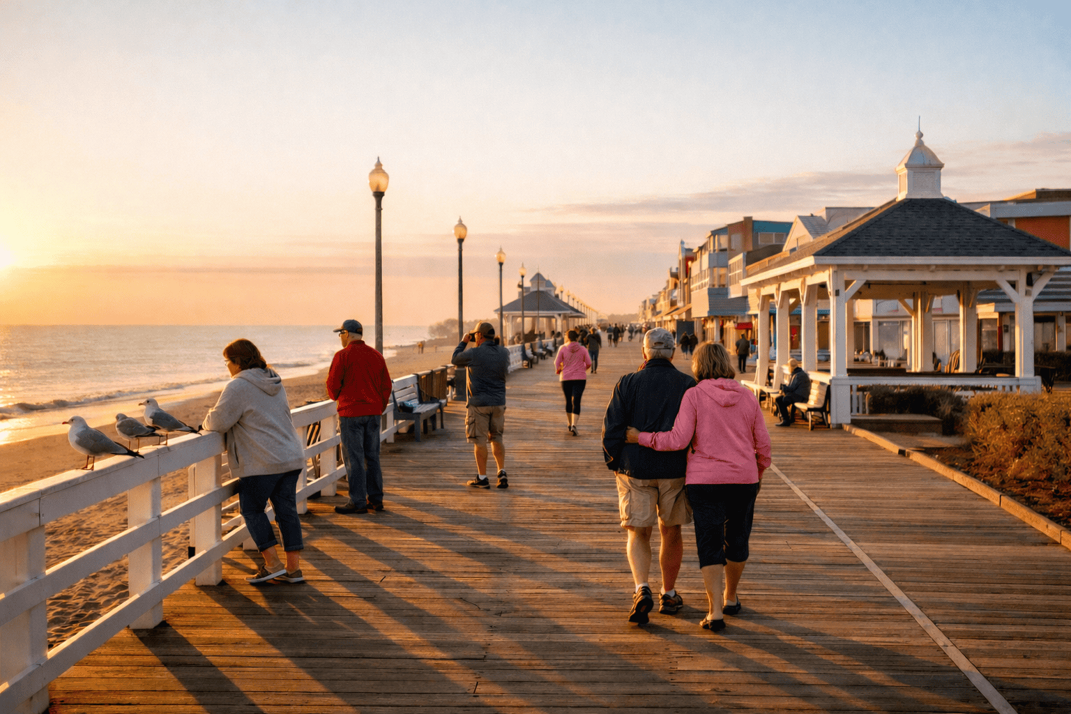 Rehoboth Beach boardwalk in Delaware at sunrise with wooden planks leading toward white pavilion structures, pastel coastal shops on one side, calm Atlantic Ocean on the other, and warm golden morning light creating a peaceful seaside atmosphere.