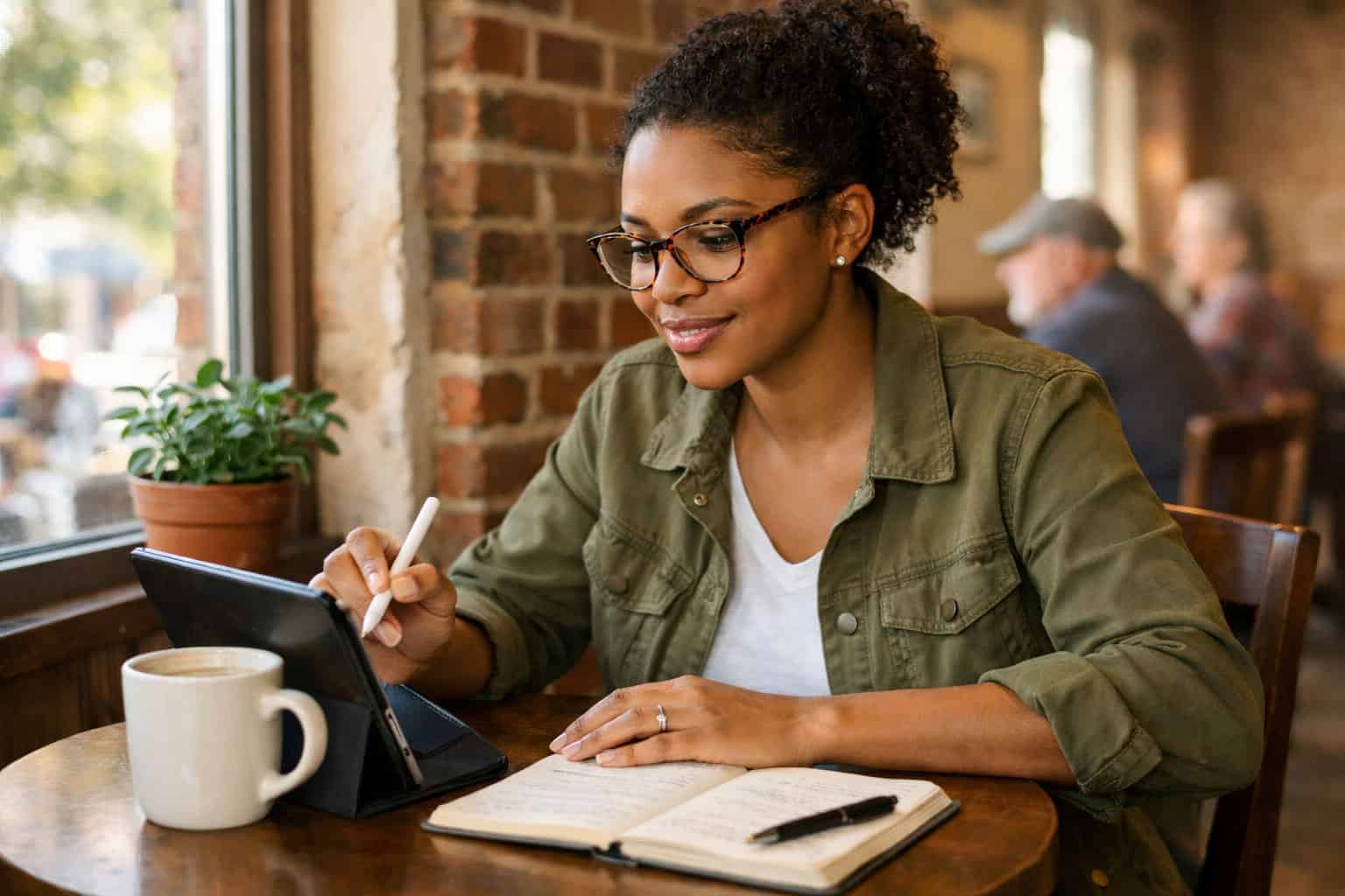  Freelance worker reviewing health insurance options on tablet at coffee shop