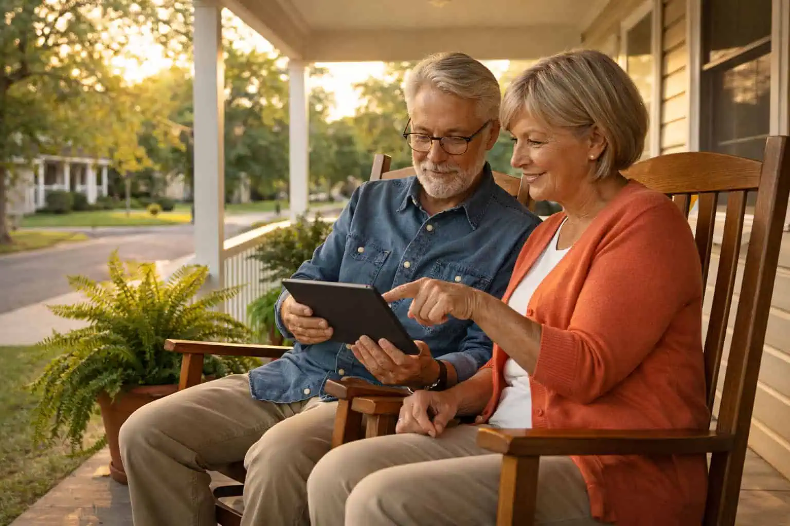 Early retiree couple on porch reviewing health insurance documents on tablet