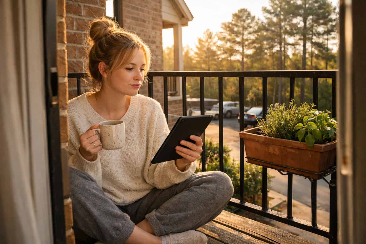 Young woman checking health insurance options on tablet while sitting on apartment balcony